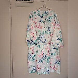 Miss Elaine White Dress with Blue and Pink Leaf Pattern